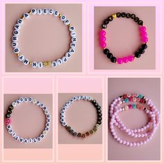 Choose between 10 different BangChan quotations that I just find funny 💖 -The LoveU/Ulove/Louve comes as a set of 3 bracelets, and the letter colors are random variations of what's pictured. Personalized Black Beaded Bracelets, Trendy Friendship Bracelets With Letter Print, Trendy Friendship Bracelets With Letter Print For Gift, Trendy Friendship Bracelets With Letter Print As Gift, Trendy Letter Bracelets As Gift, Trendy Letter-shaped Bracelets As Gifts, Everyday Inspirational Pink Bracelets, Trendy Letter Print Friendship Bracelets, Trendy Letter Print Bracelets For Friendship