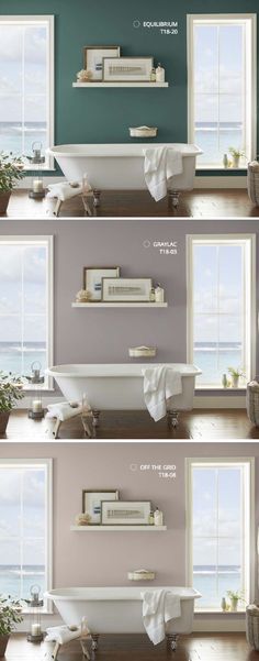 four different views of a bathroom with tub, sink and window in it's center