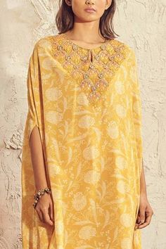 Shop for Namrata Lakhotia Yellow Crepe Printed Kurta And Palazzo Set for Women Online at Aza Fashions Yellow Kaftan, Kurta And Palazzo, Kaftan Style, Palazzo Set, Keyhole Neckline, Embroidered Neckline, High Low Hem, Set For Women, Asymmetric Hem