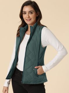 Shop Allegra K for stand collar lightweight gilet quilted zipper vest you are looking for, get more women's vests for yourelf. Order now! Free Returns! Womens Tailored Suit, Zipper Vest, Womens Puffer Vest, Fall Wear, High Neck Sweater, Vest Fashion, Woman Standing, Fall Fashion Trends, Sleeveless Vest