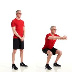 two men in red shirts and black shorts are doing squat exercises with one man wearing glasses