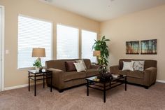 a living room with two couches and a coffee table in front of the window