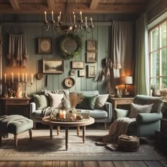 a living room filled with furniture and lots of candles on top of the coffee table