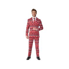 This red, Nordic Christmas suit with pixel art is your best friend during the entire holiday season. It has a stylish retro print with vibrant colors and shows your holiday spirit. The outfit consists of a blazer, pants, and a tie. The pants have an elastic waistband for a perfect fit. Click on this MEN'S GUIDE to find the perfect fit and more!This red, Nordic Christmas suit with pixel art is your best friend during the entire holiday season. It has a stylish retro print with vibrant colors and Fitted Red Suit For Festive Occasions, Fitted Red Set For Holidays, Red Fitted Suits For The Holiday Season, Holiday Red Fitted Suit, Red Fitted Holiday Suits, Fitted Red Holiday Suits, Holiday Festive Red Set, Festive Red Holiday Set, Festive Red Holiday Sets