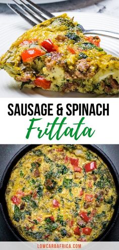 sausage and spinach frittata in a skillet with the title above it