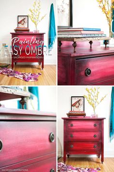 four different shots of a red dresser