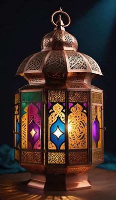 an intricately designed lantern is lit up on a table