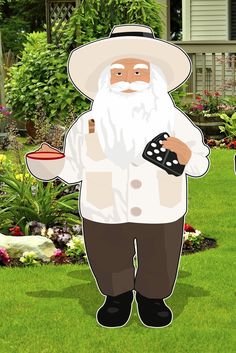 an animated man standing in the middle of a yard holding a cup and saucer