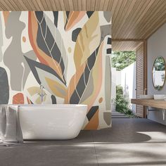 a bath tub sitting under a bathroom mirror next to a wooden wall with leaves on it