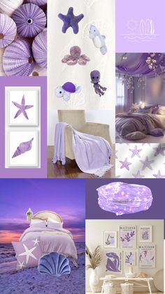 purple and white bedroom with starfish, seahorses, shells and other items