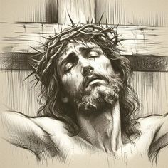 a drawing of jesus with his head on the cross