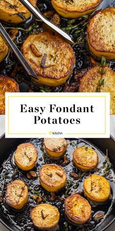 an image of easy fondant potatoes cooking in a skillet with text overlay