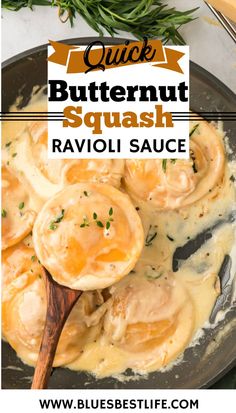 A saucepan with butternut squash ravioli covered in a creamy sauce. Sauce For Butternut Squash Ravioli, Ravioli Sauces, Sauces For Butternut Squash Ravioli, Squash Ravioli Sauce, Butternut Squash Ravioli Sauce, Easy Squash Recipes, Butter Cream Sauce, Ravioli Sauce, Squash Ravioli