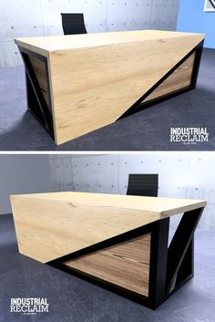 two views of an office desk made out of wood and metal, with the same design