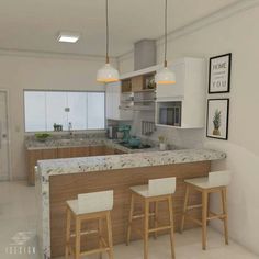 an image of a modern kitchen setting with bar stools and marble counter tops in the foreground