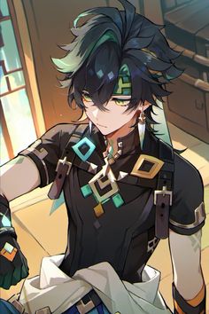 an anime character with black hair and green eyes, holding a knife in his hand