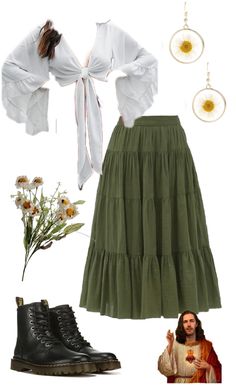 Tie In Front Top, Daisy Outfit, Green Skirt Outfits, Doc Martin