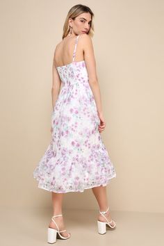 You'll make perfect memories at any event when you're wearing the Lulus Deeply Darling White Floral Organza Burnout Strapless Midi Dress! Lightweight woven organza, with a subtle burnout striped pattern and a sweet floral print, shapes a strapless bodice with a sweetheart neckline, ruffled trim, hidden no-slip strips, and seamed cups. Fitted waist tops a flaring skirt that has an A-line silhouette and finishes at a tiered midi hem. Smocking at back for fit and hidden zipper/clasp. Fit: This garm Feminine Fitted Organza Midi Dress, Spring Fitted Organza Midi Dress, Fitted Organza Midi Dress For Spring, Spring Sheer Dress With Fitted Bodice, Sheer Midi Dress For Prom In Spring, Summer Lace Midi Bridesmaid Dress, Spring Midi Dress With Sweetheart Neckline For Prom, Spring Prom Midi Dress With Sweetheart Neckline, Spring Prom Chiffon Midi Dress