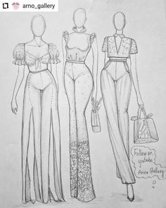 three women's clothing sketches, one in white and the other in black with an embellishment on it