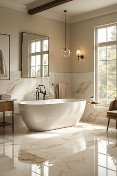 a large white bathtub sitting in the middle of a bathroom next to a window