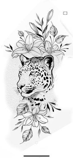 a black and white drawing of a leopard with flowers