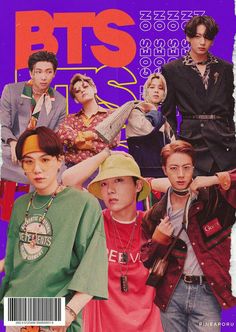 an advertisement for bts magazine featuring young men with hats and jackets on their heads