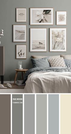 a bedroom with gray walls and pictures on the wall