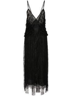 black lace overlay V-neck sleeveless ruffled detailing draped detailing rear criss-cross straps scallop hem internal slip dress concealed rear zip fastening V-neck Ruffled Lace Dress For Party, Sleeveless Evening Dress With Lace Trim For Gala, Sleeveless Formal Slip Dress With Lace Back, Elegant Maxi Dress With Lace Back And Spaghetti Straps, Evening V-neck Lace Dress With Ruffles, Sleeveless Lace Dress With Scalloped Lace For Evening, Chic Evening Maxi Dress With Scalloped Lace, Evening Slip Dress With Lace Trim, Formal Lace Slip Dress With Lace Back