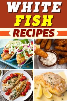 the cover of white fish recipes, with pictures of different foods and sauces on it