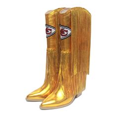 Rock your Kansas City Chiefs spirit with these eye-catching Fringe Boots with Sequin Detail from Cuce. Two layers of fringed sequined embellishments add a touch of sparkle and flair, while a large embroidered logo applique with crystal accents boldly displays your Kansas City Chiefs fandom. The soft fabric lining ensures a comfortable fit, allowing you to cheer on your team in style all game long. Western Party Boots With Fringe, Party Leather Boots With Rhinestone Fringe, Leather Party Boots With Rhinestone Fringe, Suede Cowboy Boots, Clear Tote Bags, Nfl Kansas City Chiefs, Color Block Leggings, Cream Shoes, Sequin Jacket