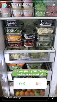 an open refrigerator filled with lots of food and labeled words on the shelves that read do you prep your meals and snacks weekly? yes no