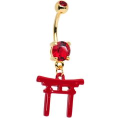 Red CZ Gem Gold PVD Red Japanese Gate Dangle Belly Ring Protect the sacred shrine that is your body with this Japanese style Torii gatebox dangle belly piercing. The 14 gauge navel ring features red cubic zirconia gem accents adorning the red dangle gate charm. The charm is mounted on a 3/8" curved barbell made with gold PVD over durable 316L surgical grade stainless steel. Specifications: 14 Gauge (1.6mm), 3/8" (10mm), Gold PVD over 316L Surgical Grade Stainless Steel Curved, Cubic Zirconia, 5m Dermal Piercing Jewelry, Japanese Gate, Bellybutton Piercings, Pregnancy Belly Rings, Belly Piercing Jewelry, Belly Piercing Ring, Tragus Jewelry, Gold Body Jewellery, Navel Jewelry