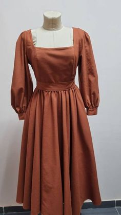 Cottagecore A-line Vintage Dress, Cottagecore Vintage Ruffled Dress For Fall, Fall Victorian Long Sleeve Cotton Dress, Cottagecore Fall Dresses With Buttons, Vintage Orange A-line Dress, Vintage Linen Dress, Historical Clothing Patterns, Peasant Style Dress, Western Dresses For Women