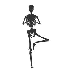 a black and white drawing of a human skeleton doing yoga exercises with one leg up