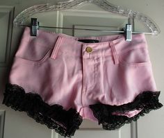 Trendy Stretch Bottoms With Lace Trim, Cute Fitted High Waist Shorts, Cute Fitted High-waist Shorts, Cute Fitted Short Length Shorts, Cute Fitted Shorts, Mini Shorts Aesthetic, Pink Fitted Jean Shorts, Fitted Pink Jean Shorts, Fitted Pink Bottoms With Lace Trim