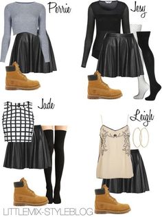 Knee High Timberland Boots Outfit, Dress With Timberland Boots, Leather Skater Skirt Outfit, Boots For Women Outfits, Tims Outfits