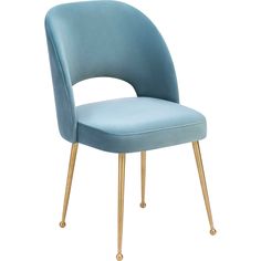 a light blue chair with gold legs