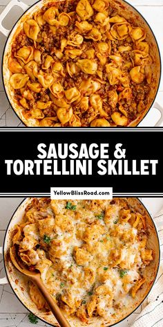 sausage and tortellini skillet is shown in two pans with the title above it