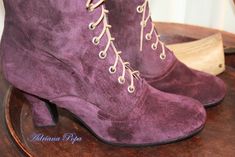 "Request a Custom Order and have something made just for you! Order your customised boots for wider feet , strong calf and narrow feet also. Beautiful Victorian High Heel Boots . High quality Italian Amethyst purple suede leather . Are issued by limited series. Model inspired from 1900 boot style. Mid calf height: height of the heel 2,6\" inch/ 7 cm length of the boot from the bottom of the sole (at the heel) to the top 10\" inch / 25,5 cm You can get remarkable and not expensive handmade boots Victorian Boots For Formal Fall Occasions, Victorian Boots With Leather Sole For Fall, Victorian Round Toe Boots For Fall, Vintage Winter Lace-up Boots With Snip Toe, Victorian Style Round Toe Boots For Fall, Vintage High Ankle Boots For Formal Occasions, Vintage Closed-toe Heeled Boots For Fall, Vintage Closed Toe Heeled Boots For Fall, Vintage Winter Boots With Reinforced Heel