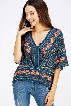 Description V-neck cut oversize top Front cross-over detail Paisley print High low hem line Detail 100% POLYESTER IMPORTED Size & Fit Model is 5'7" and wearing size Small Oversized Top, Scarf Set, High Low Hem, Paisley Print, Matching Sets, Set Dress, Jumpsuit Dress, High & Low, High Low