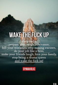 a woman floating in the water with her hands up to her face and text that reads, wake the fluk up