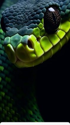 a close up view of a green snake's head