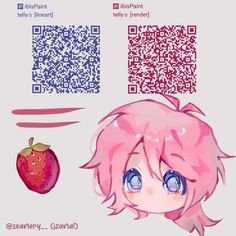 an anime character with pink hair and blue eyes next to a qr code for strawberry