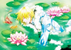 an anime character is floating in the water with lily pads on it's surface