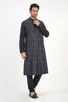 Black chanderi kurta with geometric thread embroidery. Comes with churidar. - Aza Fashions Black Chikankari Chanderi Sherwani, Black Chanderi Sherwani For Navratri, Eid Designer Wear Kurta With Woven Motifs, Designer Black Cotton Sherwani, Traditional Black Cotton Bandhgala, Fitted Kurta With Woven Motifs For Transitional Season, Festive Straight Kurta With Woven Motifs, Chanderi Straight Kurta With Woven Motifs, Straight Chanderi Kurta With Woven Motifs