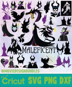 the silhouettes of maleficent characters are shown in purple and green, with black lettering