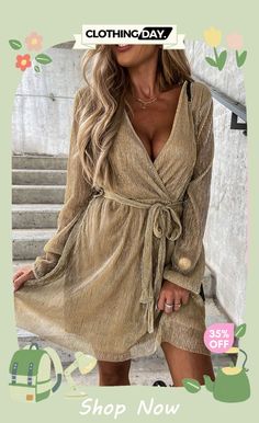 Night Of Luxury Long Sleeve Party Mini Dress Wrap Dress With Boots, Casual Dress Fall, Pleated Dress Casual, Dresses Elegant Long, Party Frocks, Line Dresses, Party Kleidung, A Line Dresses, Sleeve Dresses