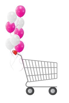 a shopping cart filled with pink and white balloons