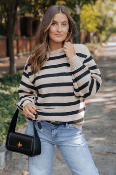 Stay cozy and stylish with the Black and Mocha Striped Pullover Sweater, a perfect combination of comfort and bold design! This oversized sweater is ideal for layering, offering a relaxed and effortlessly chic look. The long sleeves with dropped shoulders create a laid-back, slouchy vibe, adding to the oversized silhouette for ultimate comfort. It's perfect for everyday wear or laid-back weekend outings. Style with jeans or black leather pants along with some cute ankle booties for a trendy fall Sorority Rush Outfits, Rush Outfits, Fall Style Guide, Gameday Dress, Striped Pullover, Casual White Dress, Black Leather Pants, Game Dresses, Chic Look