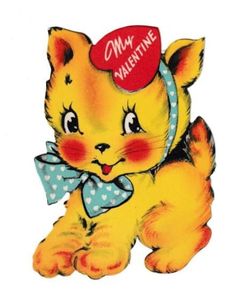 a yellow kitten with a red heart on it's head and blue polka dot ribbon around its neck